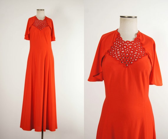 vintage 1970s dress / 70s red crochet cut out maxi