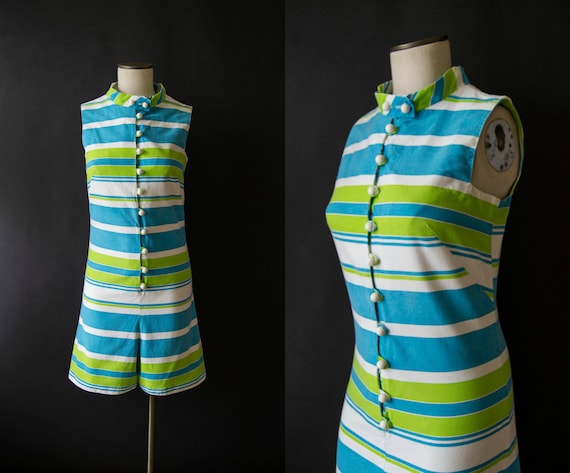 vintage 1960s romper / 60s striped cotton romper /