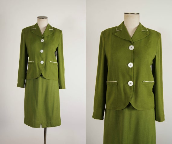 vintage 1950s suit / 50s green linen skirt suit /