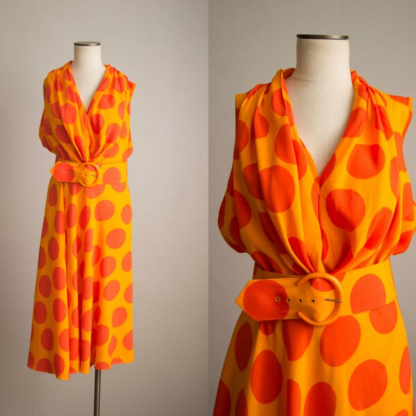 vintage 1980s dress / 80s orange polka dot dress / large / Orange Crush Dress