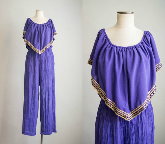 vintage 1980s jumpsuit / 80s purple cotton gauze j