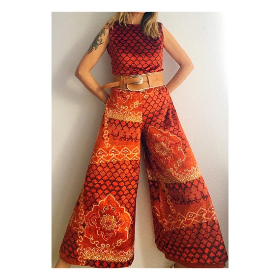 1970s PALAZZO Vibrant Jumpsuit abstract pattern wi