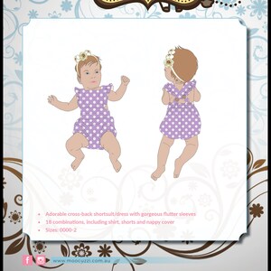 Könnte beinhalten: Ein lila-weiß gepunkteter Baby-Strampler mit Flügelärmeln. Der Strampler hat einen Kreuzrücken und wird in zwei Ansichten gezeigt: vorne und hinten. Der Text "Baby Sweet Pea Shortsuit/Dress" befindet sich oben im Bild. Der Text "Moocuzzi Designs" befindet sich in der Mitte des Bildes. Der Text "Adorable cross-back shortsuit/dress with gorgeous flutter sleeves 18 combinations, including shirt, shorts and nappy cover Sizes: 0000-2" befindet sich unten im Bild.