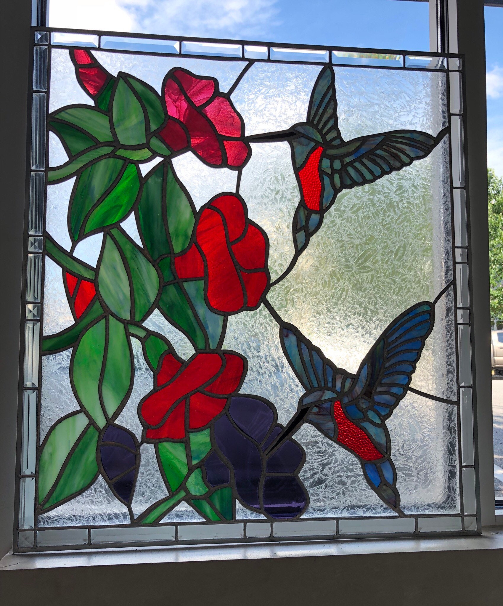 Hummingbird Flower Stained Glass Window Panel Suncatcher Art Etsy