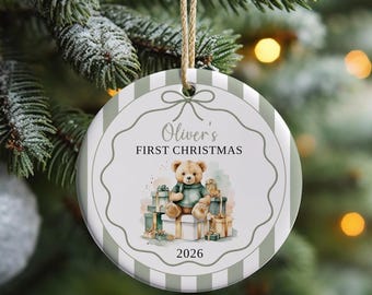 Personalised Baby’s First Christmas Acrylic Ornament, Green Striped Teddy Bear Bauble, New Baby Christmas Gift