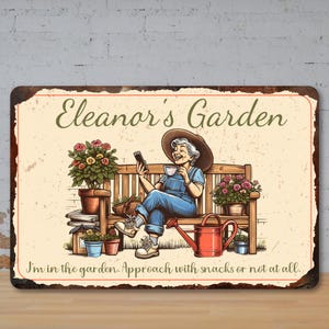 Personalised Funny Lady on Bench Metal Sign: Vintage Style Garden Decor A4 Size