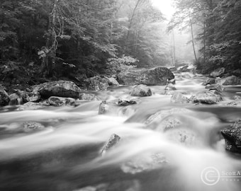 River Cascade Photograph Download, "Cascade Brook" Black and White Nature Photography, Landscape Photography, Digital Download Photograph