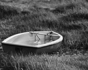 Dinghy, Low tide on the Beach, Row boat Digital download Photo, Black and White, Nautical Photography, "Low Tide"