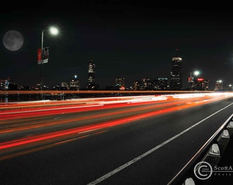 Harvard Bridge, Boston, MA, Night Photography, Time-Lapse Photo, Fine Art Print, Traffic at Night In Boston, Full Moon