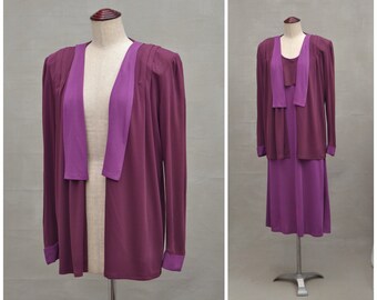 Vintage dress suit, 1980's Gail Hoppen two piece dress and jacket ensemble, Body Conscious fit dress, 80's Power dressing silhouette, UK 14