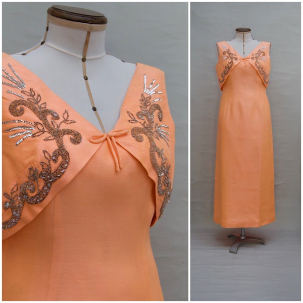 robe vintage, robe de soirée des années 1960, robe de soirée longue pour femmes avec détails en perles, robe de cérémonie orange atomique, Mod / GoGo des années 60, moyenne