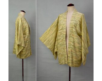 Vintage kimono jacket, Green Oriental jacket with classic kimono hanging sleeves, Japanese Haori / short kimono, Traditional National dress