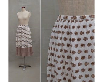 Vintage Skirt, 1980's Ladies summer skirt, White / brown printed floral design, ribbed 'A' line skirt, Secretary skirt, Elasticated waist