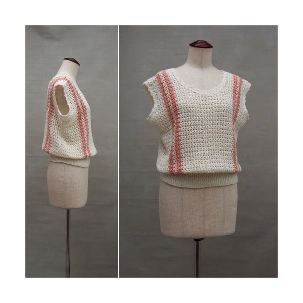 Vintage tank top, 1980's crochet tank top, cream / orange striped sleeveless sweater, Handcrafted / Handmade knitted top, 80's knitwear