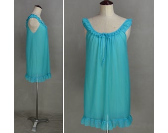 Vintage Nightdress, 1970's Sheer Nylon negligee, Turquoise blue mini Nightie, Double layer boudoir gown, Ruffle front, See-through nightwear