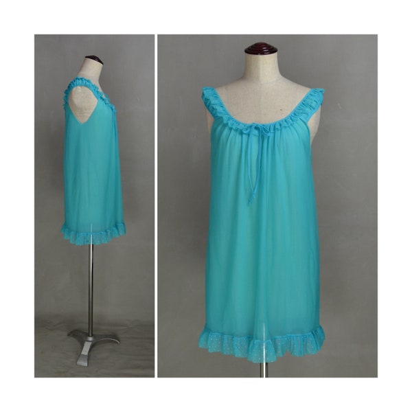 Vintage Nightdress, 1970's Sheer Nylon negligee, Turquoise blue mini Nightie, Double layer boudoir gown, Ruffle front, See-through nightwear