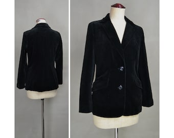 Giacca vintage, giacca stile abito in velluto da donna degli anni '70, blazer in velluto nero, blazer aderente anni '70, giacca da smoking monopetto e sottile