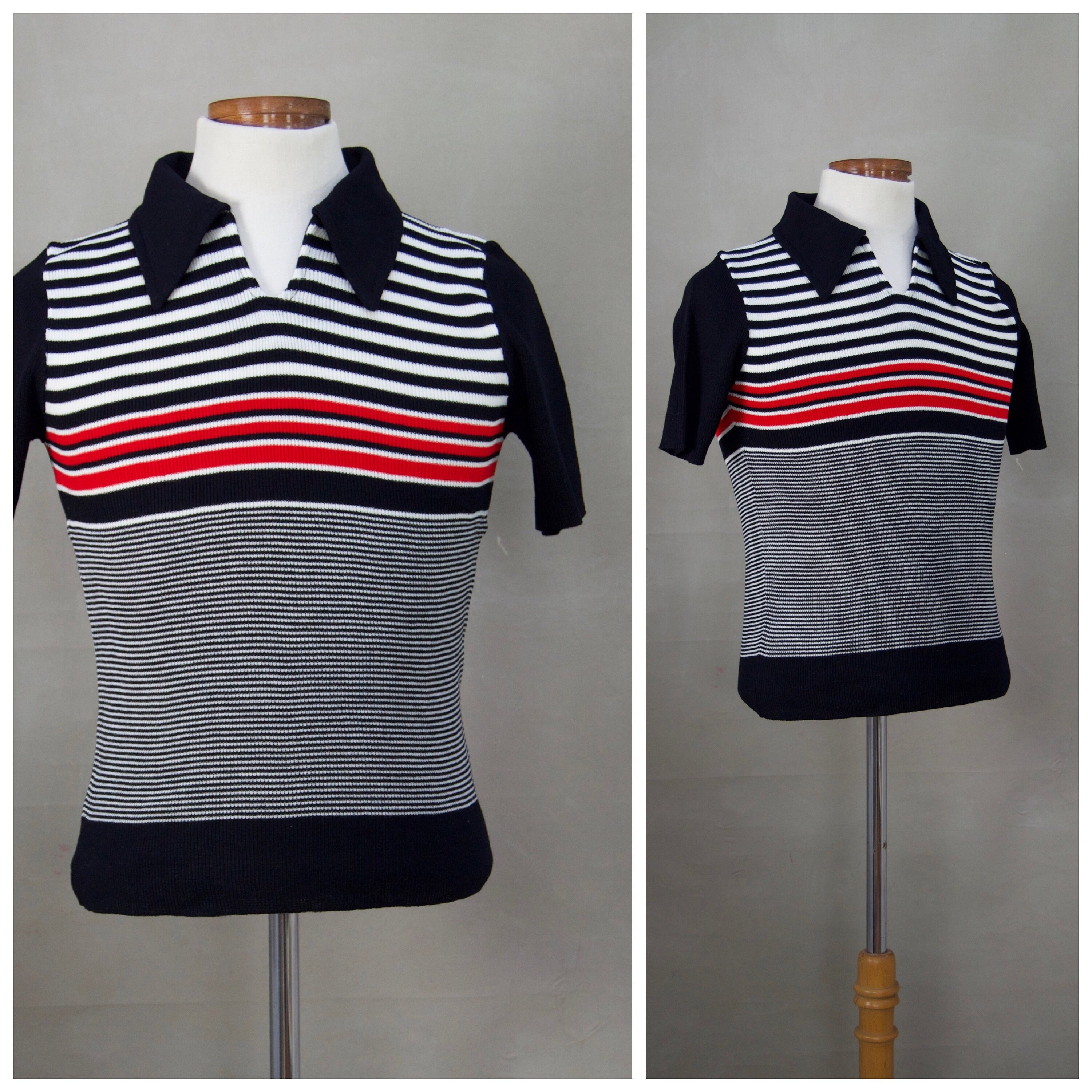 Image of Vintage Short Sleeved Jumper, 70S "New', Unworn, Deadstock, Skinny Fit Knitted Top, Black/Red Pullover, T Shirt Sweater, Chest 36" Regular