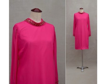 Robe vintage, robe de cocktail des années 60, Cerise/Robe de soirée/robe de soirée rose avec détail de paillettes, Mod des années 60, Robe en mousseline de soie à manches longues, Années 60