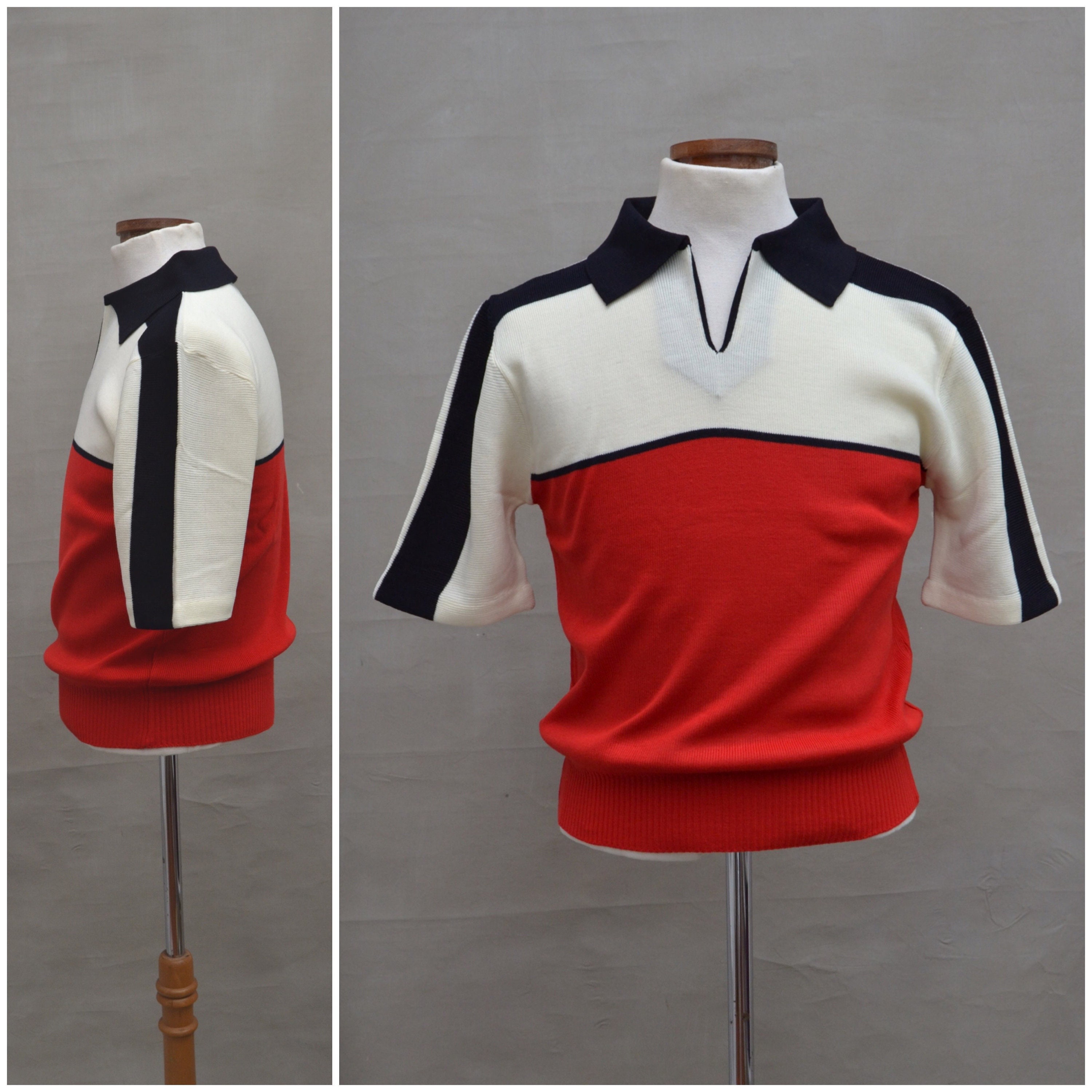 Image of Vintage Short Sleeved Jumper, 70S "New', Unworn, Deadstock, Skinny Fit Knitted Top, Red/White Black Pullover, T Shirt , Chest 40" Regular