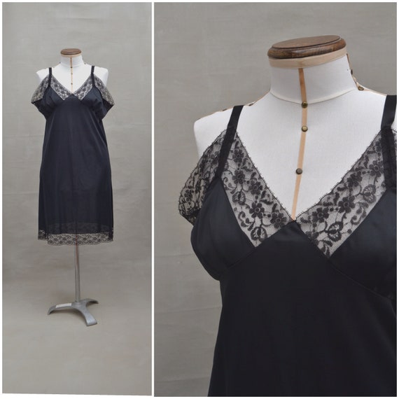Vintage Slip, 1970's Black nylon petticoat with pr
