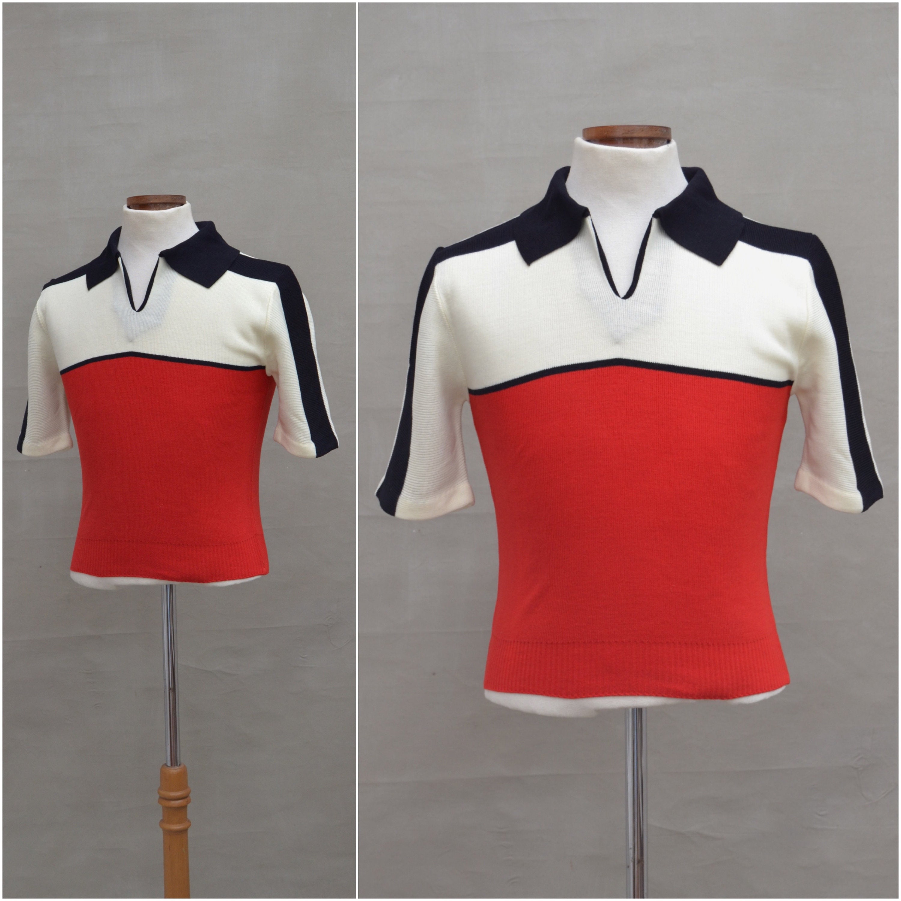 Image of Vintage Short Sleeved Jumper, 70S "New', Unworn, Deadstock, Skinny Fit Knitted Top, Red/Ivory Black Pullover, T Shirt , Chest 38" Regular