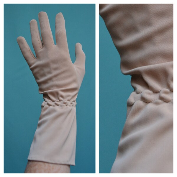 Vintage gloves, 50's/60s/70s beige tone formal day gloves, bracelet length, gauntlet style with elasticated wrist detail, wedding/smart day
