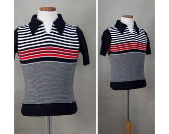 Vintage short sleeved jumper, 70s 'new', unworn, deadstock, skinny fit knitted top, Black / Red pullover, T shirt sweater, Chest 36" Regular