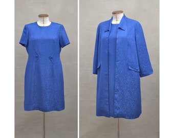 Vintage dress suit, 1960's dress and coat ensemble, 60's blue shift dress and longline jacket, Sixties Mod, Hostess dress / Formal event