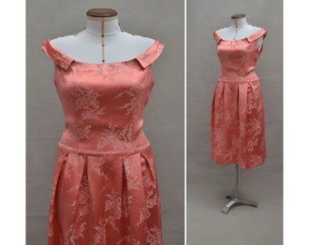 Vintage dress, 1960's handmade dress, Pretty pink satin dress with floral design, Off the shoulder scoop neckline,60's Summer/cocktail dress