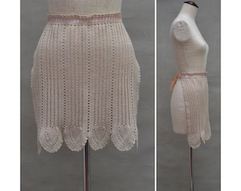 Vintage Apron, 30's / 40's Crochet half apron, ribbon ties, 30's / 40's beige decorative pinny, Art Deco Hostess apron, WW2 Re enactment