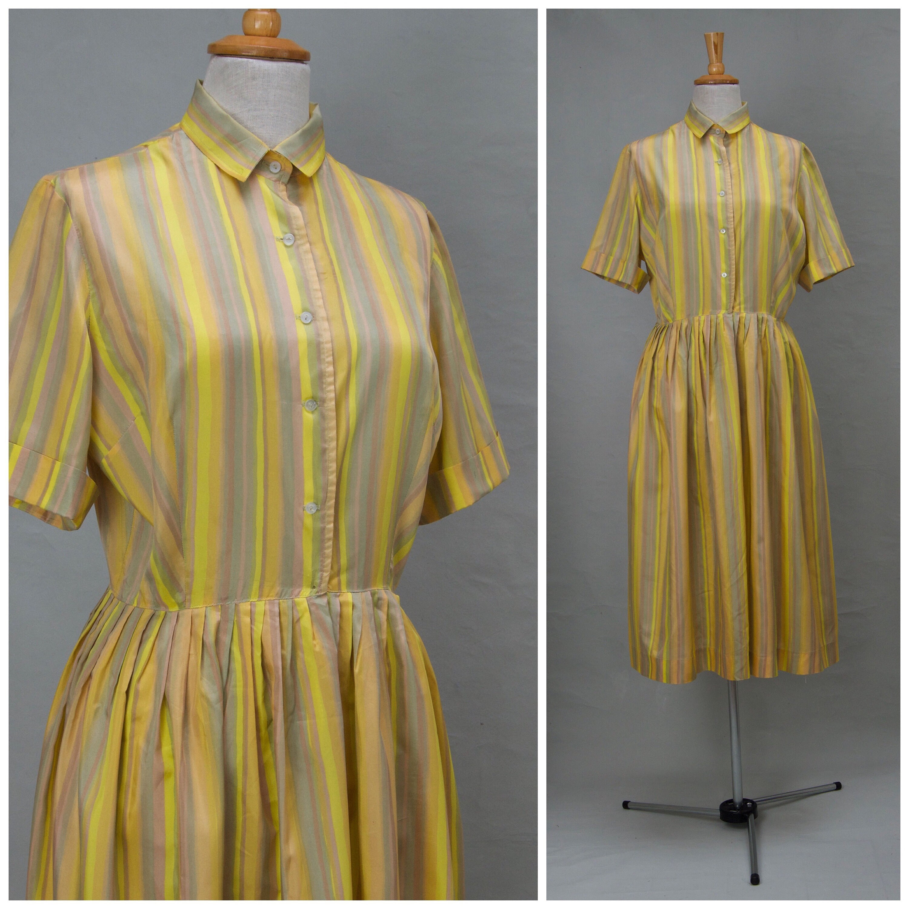 Image of Vintage Dress, 's Shirtwaist Style 's Yellow/Grey/Pink Striped Lightweight/Summer Rockabilly Ladies Fashion/Womenswear