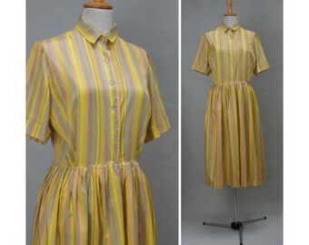 robe vintage, robe style taille-chemise des années 50, robe rockabilly légère/d'été à rayures jaune/gris/rose des années 50, mode pour femmes/vêtements pour femmes