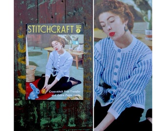 Vintage 1950s Stitchcraft Magazine, September 1954 craft magazine with Transfer, Knitting / Embroidery / Crochet patterns, 50's Knitwear