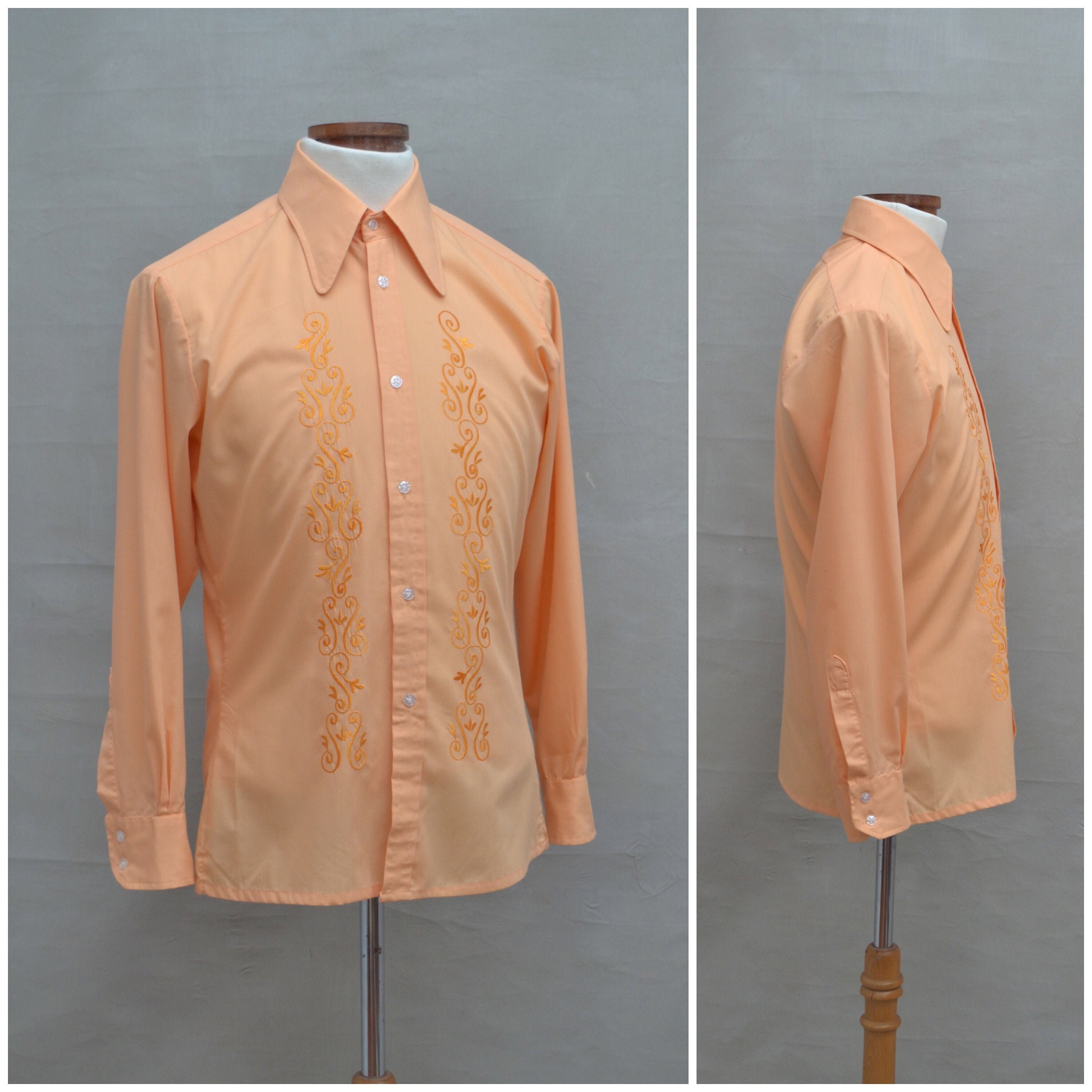Image of Vintage Shirt, 1970's Gentleman's Dress Shirt, Oversized Spearpoint Collars & Top Stitch Embroidery, Orange Long Sleeved 70's Disco