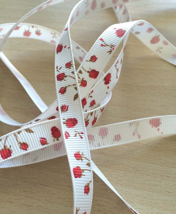 Pretty Ribbon Grosgrain White With Red Floral Motif Etsy