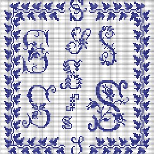 Peut inclure: Un motif de point de croix bleu et blanc représentant les lettres 'G', 'R' et 'S' dans une police décorative. Les lettres sont entourées d'une bordure de feuilles.
