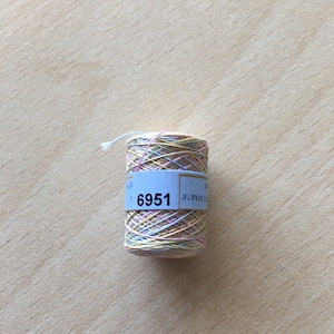 May include: A small spool of multicolored embroidery floss. The thread is a mix of pastel colors, including pink, yellow, and blue. A blue label with the number 6951 is wrapped around the spool. The brand name J. TOUL is also visible.
