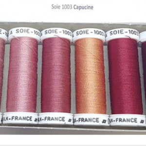 Könnte beinhalten: Eine Schachtel mit sechs Spulen Soie 1003 Capucine Seidenfaden in Rosa-, Pfirsich- und Burgundertönen. Die Spulen sind mit "SILK-FRANCE" und "AU VER" beschriftet. Der Faden ist auf weißen Spulen aufgewickelt.