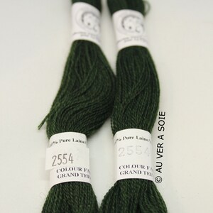 Op de afbeelding: Twee spoelen donkergroene borduurgaren, elk met het label "100% Pure Laine" en "2554 COLOUR FA GRAND TEIN". Het label op de rechter spoel bevat ook de tekst "AU VER A SOIE".