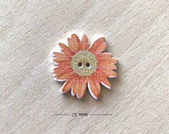 Pretty little orange wooden daisy button 25 mm in diameter