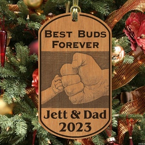 For DAD, Fist Bump Christmas Ornament Gift, Personalized FREE with Names and Date, Engraved Wood Keepsake, New Dad