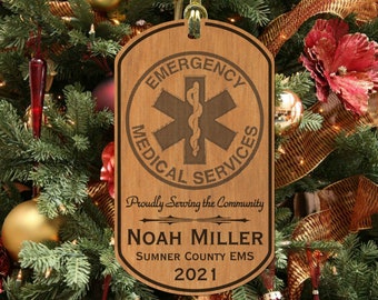 EMS Engraved Christmas Ornament Gift, Personalized FREE w' Name! Proudly Serving, Wood, Emergency Medical Services