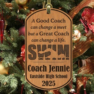 SWIM Coach Christmas Ornament, Engraved Wood Keepsake, Personalized FREE with Name! Swimming, Swim Team