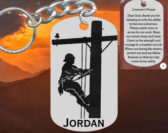 Engraved Lineman Keychain with Prayer, Personalized Steel Gift