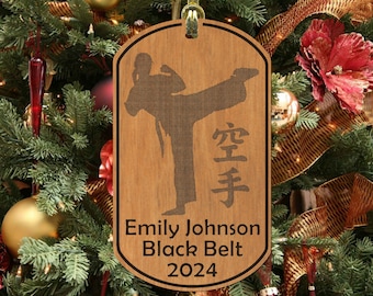 Girl Design, KARATE Christmas Ornament, Personalized with NAME & Belt! Woman, Wood Memento