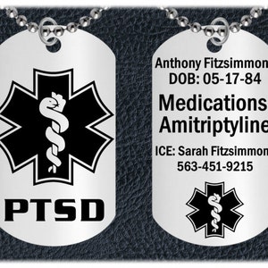 PTSD Medical Alert Necklace, Dog Tag, Personalized Free. Laser Engraved Steel