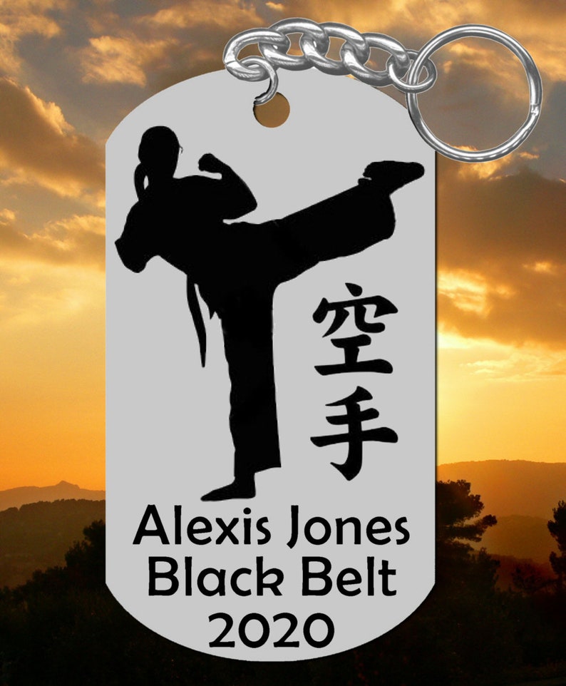 Karate Keychain Gift Female Design Personalized FREE w NAME Belt Color and Year Stainless Steel For Woman or Girl