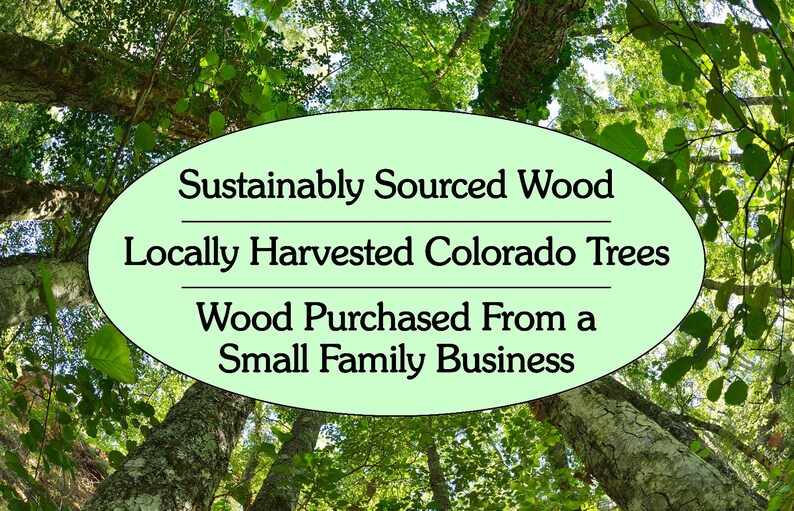 May include: A light green oval graphic overlaying a low-angle view of a forest canopy. The text reads: "Sustainably Sourced Wood", "Locally Harvested Colorado Trees", and "Wood Purchased From a Small Family Business" in black serif font.