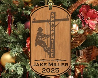 Apprentice Lineman Engraved Christmas Ornament, Personalized FREE, Great Gift, Custom Wood Keepsake